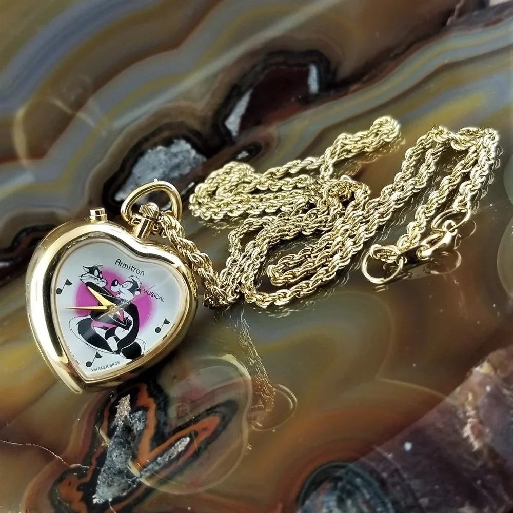 Vintage Warner Brothers PEPE LE PEW Penelope Musical Heart Watch Necklace - Picture 2 of 5